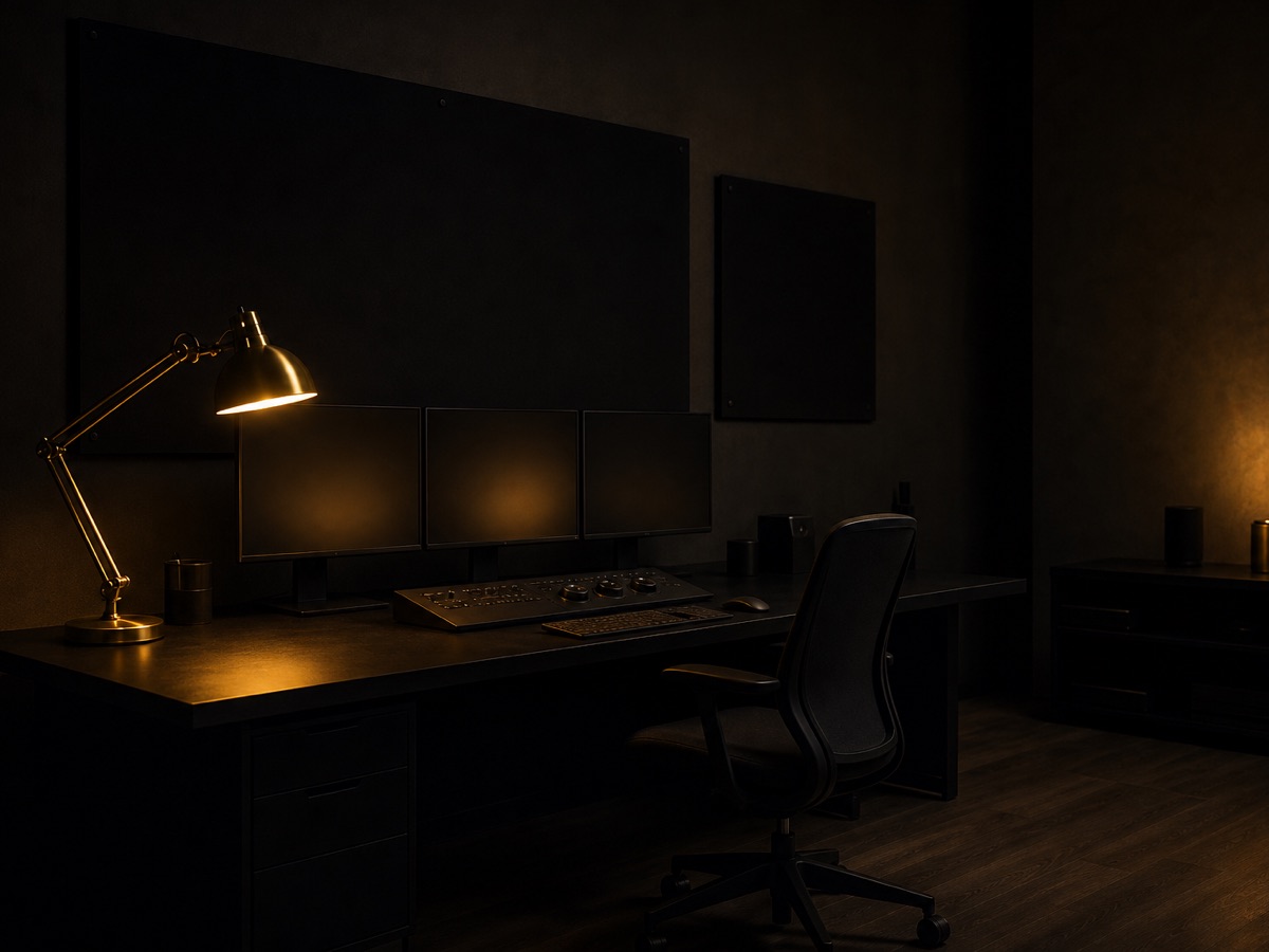 The Convertique studio at night: a long dark desk under a brass lamp, pinned boards on the wall behind
